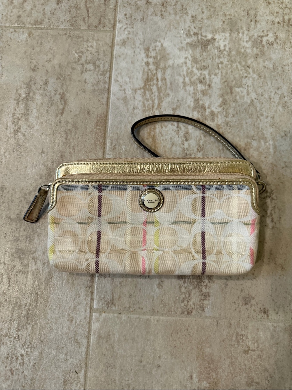 Coach Signature Canvas Wristlet with Metallic Gold Trim and Pastel Accents